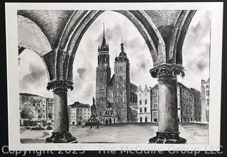 Framed Under Glass, Pen On Paper of City Scene. 18 x 23"