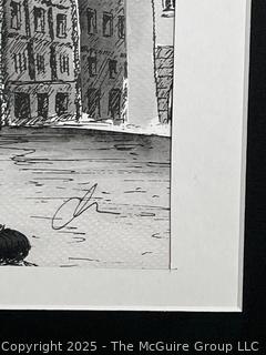 Framed Under Glass, Pen On Paper of City Scene. 18 x 23"