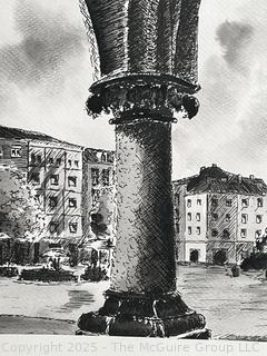 Framed Under Glass, Pen On Paper of City Scene. 18 x 23"