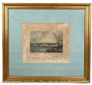 Framed Under Glass 1838 Hand Tinted Color Engraving of Southwark Bridge Thames River London. 14 x 15"