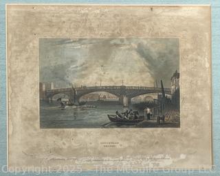 Framed Under Glass 1838 Hand Tinted Color Engraving of Southwark Bridge Thames River London. 14 x 15"