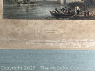 Framed Under Glass 1838 Hand Tinted Color Engraving of Southwark Bridge Thames River London. 14 x 15"