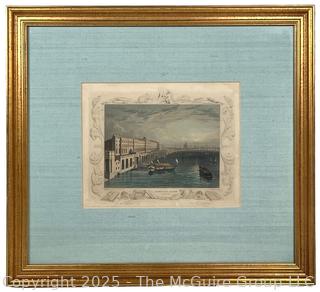 Framed Under Glass 1838 Hand Tinted Color Engraving of Somerset House Thames River London. 14 x 15"