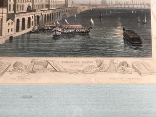Framed Under Glass 1838 Hand Tinted Color Engraving of Somerset House Thames River London. 14 x 15"