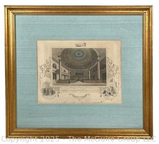 Framed Under Glass 1838 Hand Tinted Color Engraving of Interior of the Presbyterian Church, Savannah Georgia. 14 x 15"