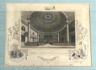 Framed Under Glass 1838 Hand Tinted Color Engraving of Interior of the Presbyterian Church, Savannah Georgia. 14 x 15"
