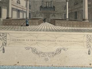 Framed Under Glass 1838 Hand Tinted Color Engraving of Interior of the Presbyterian Church, Savannah Georgia. 14 x 15"