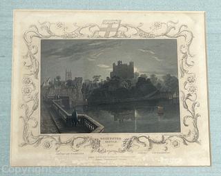 Framed Under Glass 1838 Hand Tinted Color Engraving of Rochester Castle, Kent . 14 x 15"