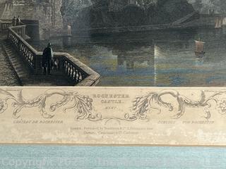 Framed Under Glass 1838 Hand Tinted Color Engraving of Rochester Castle, Kent . 14 x 15"
