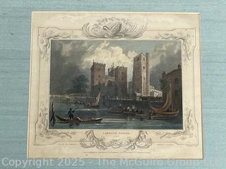 Framed Under Glass Hand Tinted 1838 Color Engraving of Lambeth Palace Surry. 14 x 15"