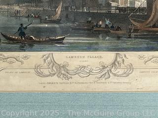Framed Under Glass Hand Tinted 1838 Color Engraving of Lambeth Palace Surry. 14 x 15"