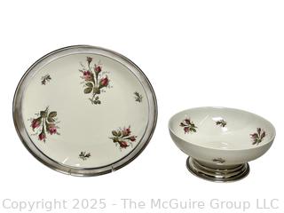 Porcelain Charger and Serving Bowl with Sterling Silver Base by Rosenthal Selb in Moss Rose Pattern 