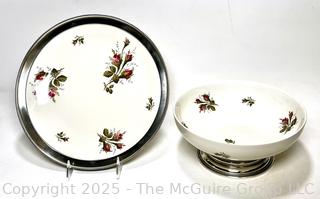Porcelain Charger and Serving Bowl with Sterling Silver Base by Rosenthal Selb in Moss Rose Pattern 