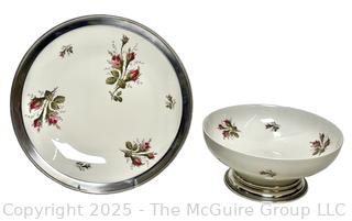 Porcelain Charger and Serving Bowl with Sterling Silver Base by Rosenthal Selb in Moss Rose Pattern 