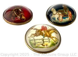 Three (3) Glass Domed Horse Bridle Rosettes, One Signed H.A. Chapman, White Bear Lake, MN
