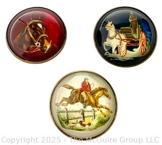 Three (3) Glass Domed Horse Bridle Rosettes, One Signed H.A. Chapman, White Bear Lake, MN