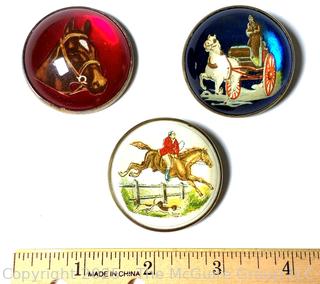 Three (3) Glass Domed Horse Bridle Rosettes, One Signed H.A. Chapman, White Bear Lake, MN