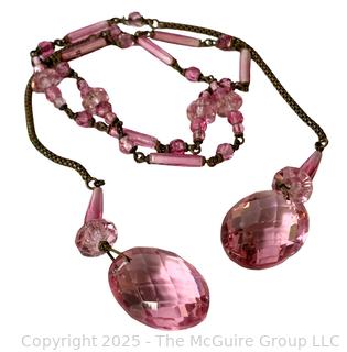 Pink Edwardian Art Deco Cut Glass Drop Lariat Necklace