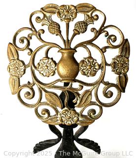 Pair of Hand Forged Wrought Iron & Pierced Brass Tudor Rose & Thistle Andirons.  23" tall
