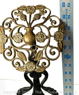 Pair of Hand Forged Wrought Iron & Pierced Brass Tudor Rose & Thistle Andirons.  23" tall