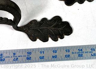 Pair of Hand Forged Wrought Iron & Pierced Brass Tudor Rose & Thistle Andirons.  23" tall