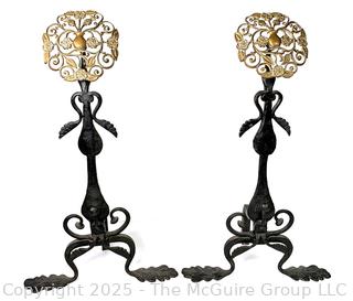 Pair of Hand Forged Wrought Iron & Pierced Brass Tudor Rose & Thistle Andirons.  23" tall