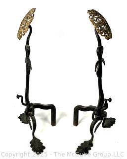Pair of Hand Forged Wrought Iron & Pierced Brass Tudor Rose & Thistle Andirons.  23" tall