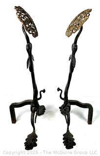 Pair of Hand Forged Wrought Iron & Pierced Brass Tudor Rose & Thistle Andirons.  23" tall