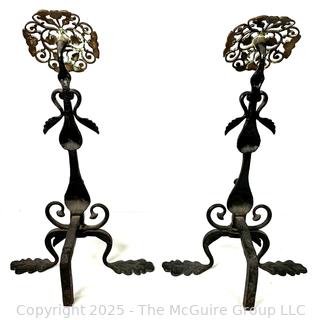 Pair of Hand Forged Wrought Iron & Pierced Brass Tudor Rose & Thistle Andirons.  23" tall