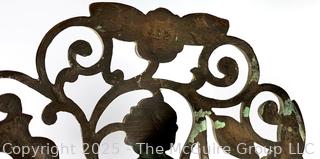 Pair of Hand Forged Wrought Iron & Pierced Brass Tudor Rose & Thistle Andirons.  23" tall
