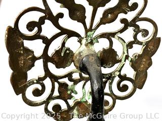 Pair of Hand Forged Wrought Iron & Pierced Brass Tudor Rose & Thistle Andirons.  23" tall