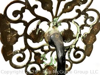 Pair of Hand Forged Wrought Iron & Pierced Brass Tudor Rose & Thistle Andirons.  23" tall