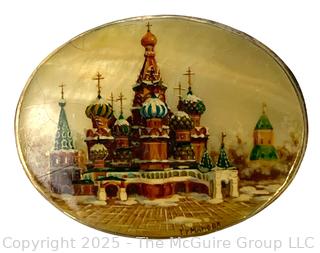 Russian Hand Painted St Basil Basilica Signed Brooch