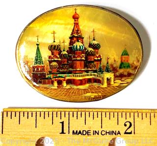 Russian Hand Painted St Basil Basilica Signed Brooch