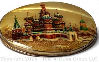 Russian Hand Painted St Basil Basilica Signed Brooch