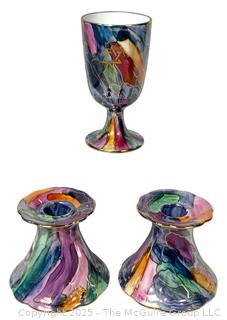 Three (3) Piece Bavaria Porcelain Iridescent Hand Painted Candle Holders and Passover Goblet Signed by Artist Margie Razar.