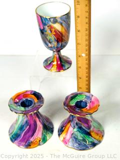 Three (3) Piece Bavaria Porcelain Iridescent Hand Painted Candle Holders and Passover Goblet Signed by Artist Margie Razar.