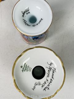 Three (3) Piece Bavaria Porcelain Iridescent Hand Painted Candle Holders and Passover Goblet Signed by Artist Margie Razar.
