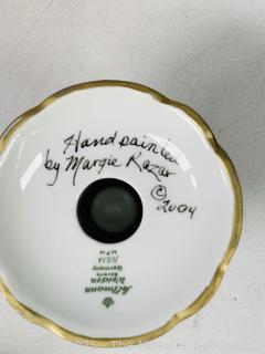 Three (3) Piece Bavaria Porcelain Iridescent Hand Painted Candle Holders and Passover Goblet Signed by Artist Margie Razar.
