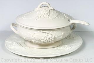 Four (4) Piece White Grape Pattern Elios Italian Soup Tureen, Lid, Ladle & Platter 
