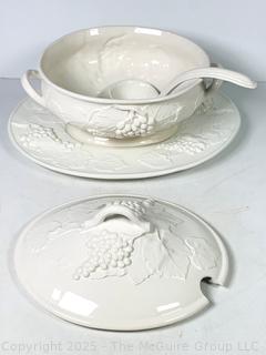 Four (4) Piece White Grape Pattern Elios Italian Soup Tureen, Lid, Ladle & Platter 