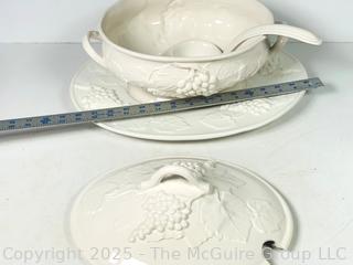 Four (4) Piece White Grape Pattern Elios Italian Soup Tureen, Lid, Ladle & Platter 