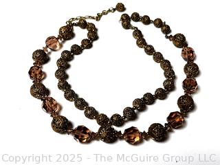 Double Strand Glass and Filigree Metal Bead Necklace