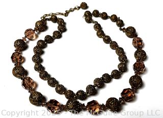 Double Strand Glass and Filigree Metal Bead Necklace
