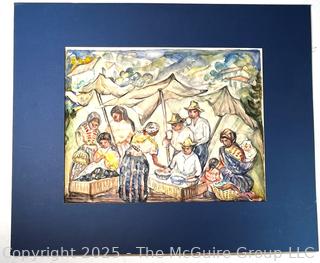 Unframed Watercolor on Paper of Market Scene Signed by Artist Martha Kramer
