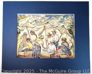 Unframed Watercolor on Paper of Market Scene Signed by Artist Martha Kramer