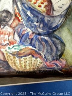 Unframed Watercolor on Paper of Market Scene Signed by Artist Martha Kramer