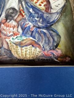 Unframed Watercolor on Paper of Market Scene Signed by Artist Martha Kramer