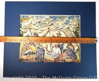 Unframed Watercolor on Paper of Market Scene Signed by Artist Martha Kramer