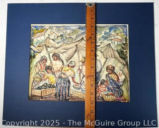 Unframed Watercolor on Paper of Market Scene Signed by Artist Martha Kramer